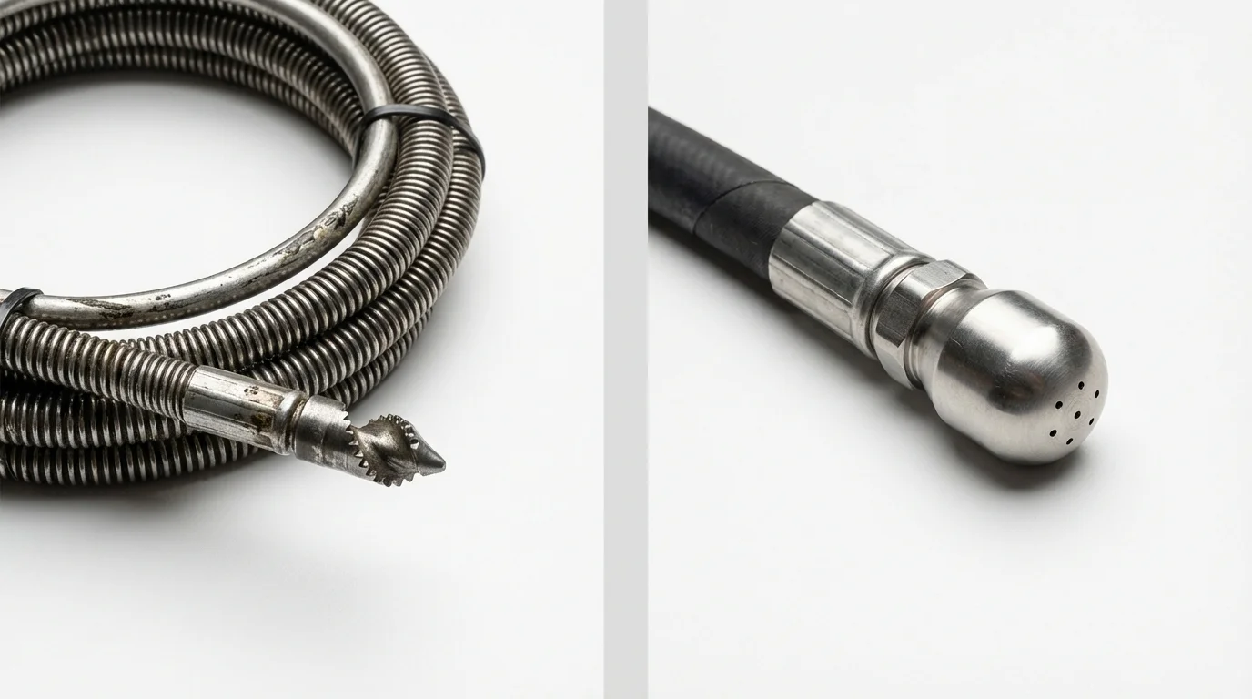 Drain snake cable and hydro jetting nozzle used for drain cleaning in Montvale, NJ
