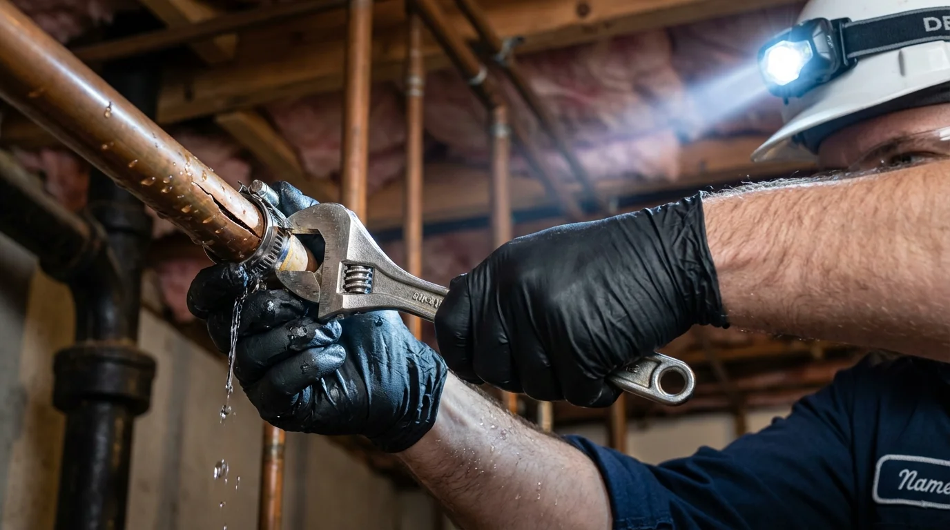 Emergency pipe clamp repair being performed by a Johns Plumbing LLC plumber in Montvale