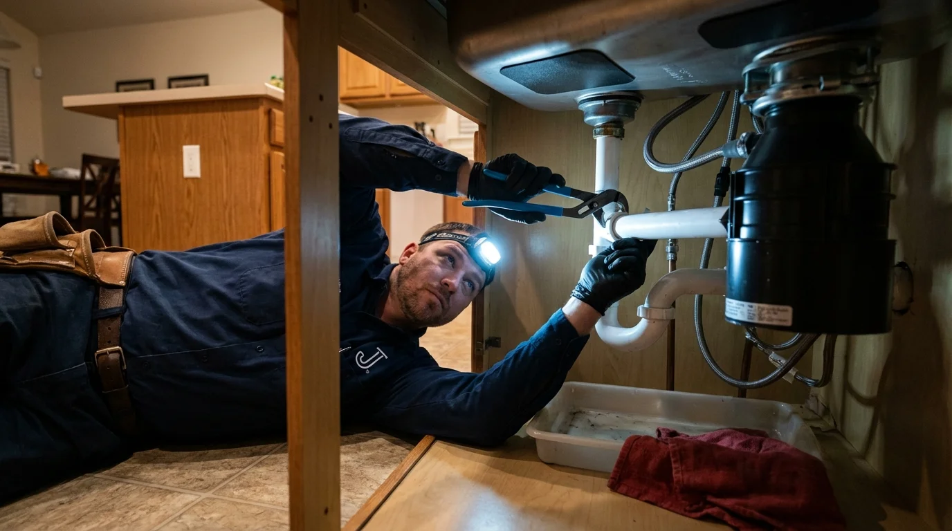 P-trap and supply line connections under a kitchen sink showing a common leak point in Montvale, NJ